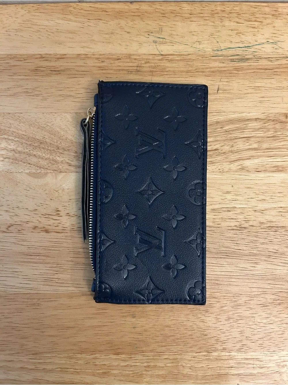Designer Inspired Embossed Monogram Leather Zip Card Holder in Navy